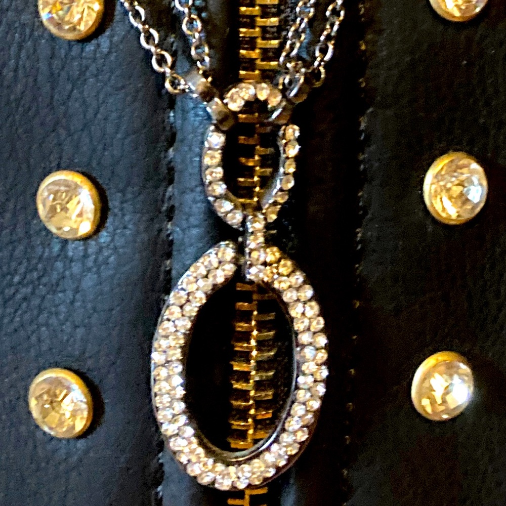 Necklace, 2 Hoops of Faux Crystals, Double chain meets at the top of the pendant - Picture 1 of 14